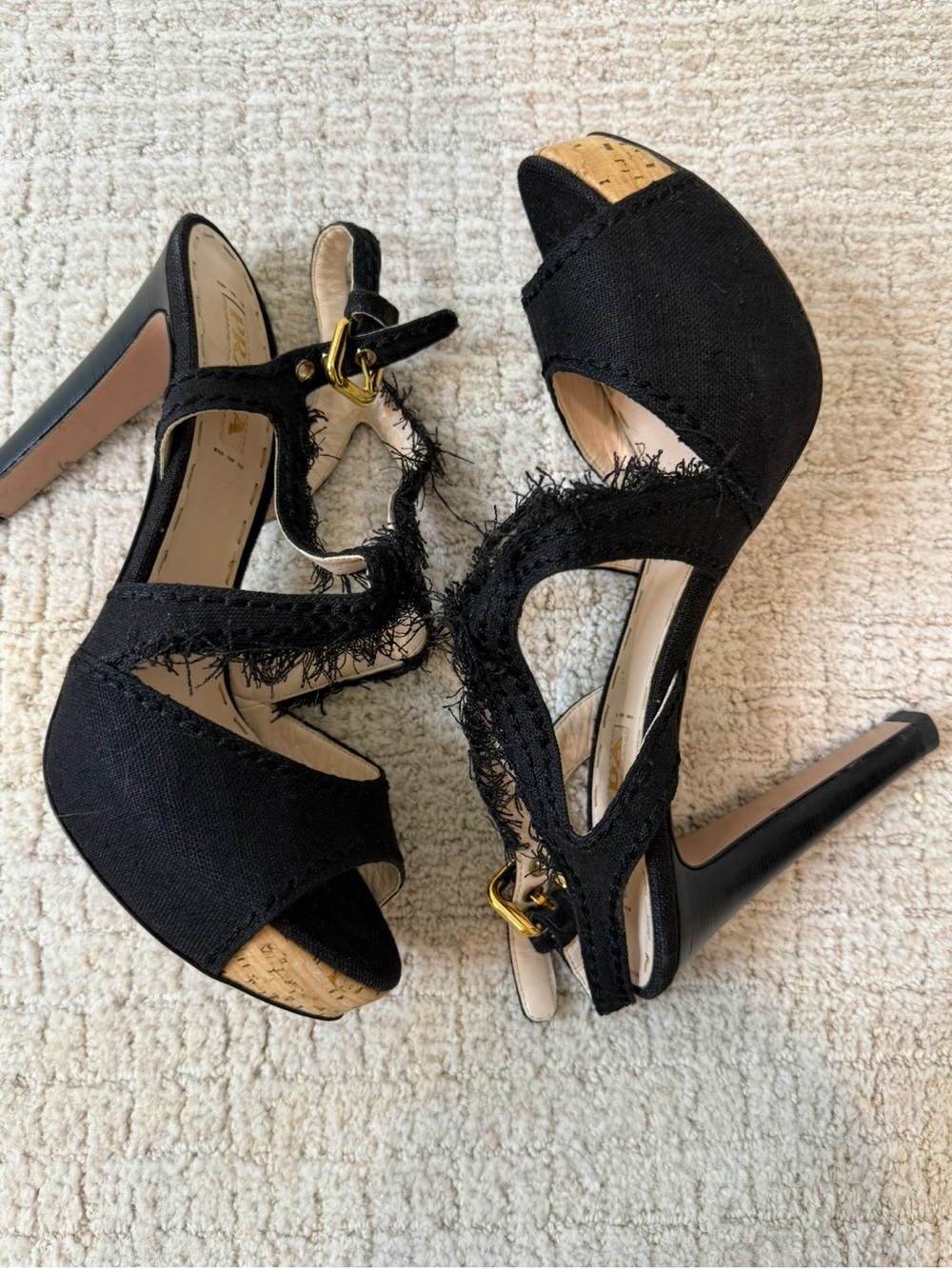 Prada Black Fringed Peep-Toe Slingback Heels